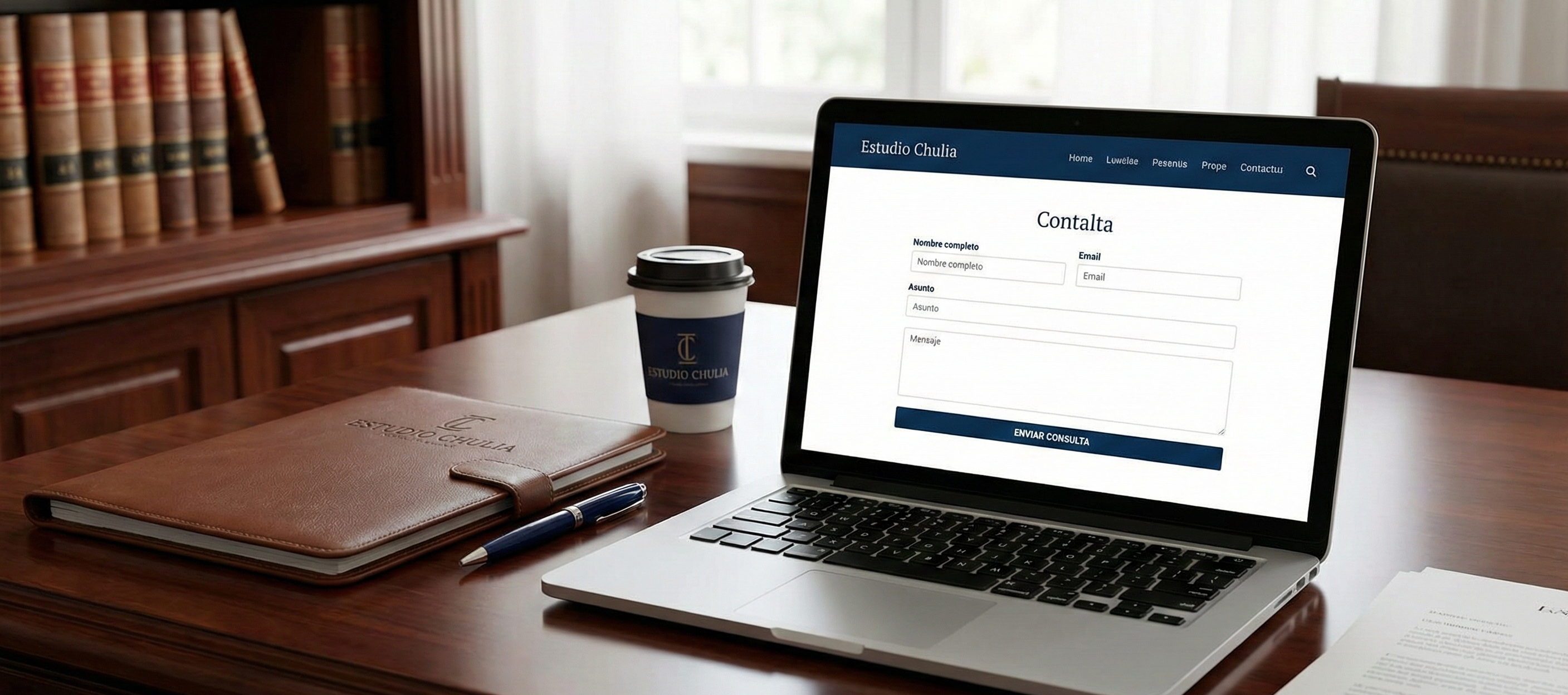 Escritorio de Estudio Chulia con computadora y formulario de consulta